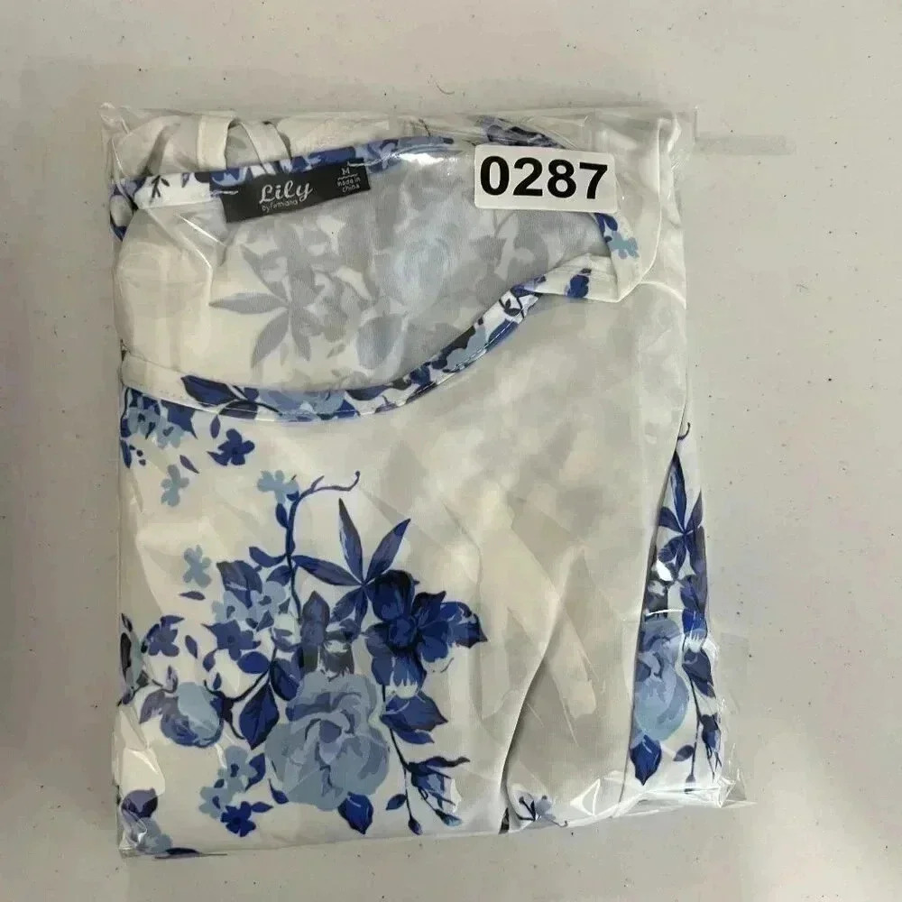 Lily By Firmiana Womens White Blue Floral Maxi Dress M Handkerchief Hem - Picture 12 of 12